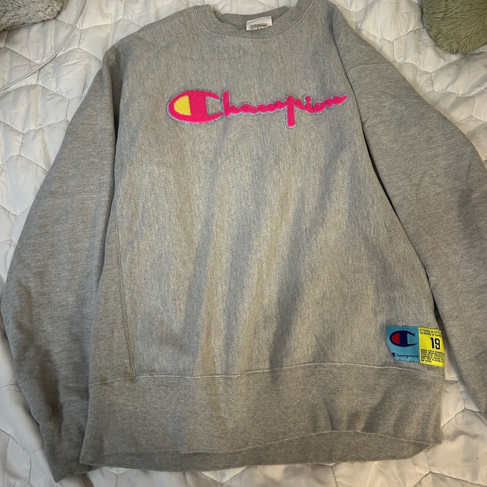 Champion Gray Sweatshirt with Pink and Yellow Logo